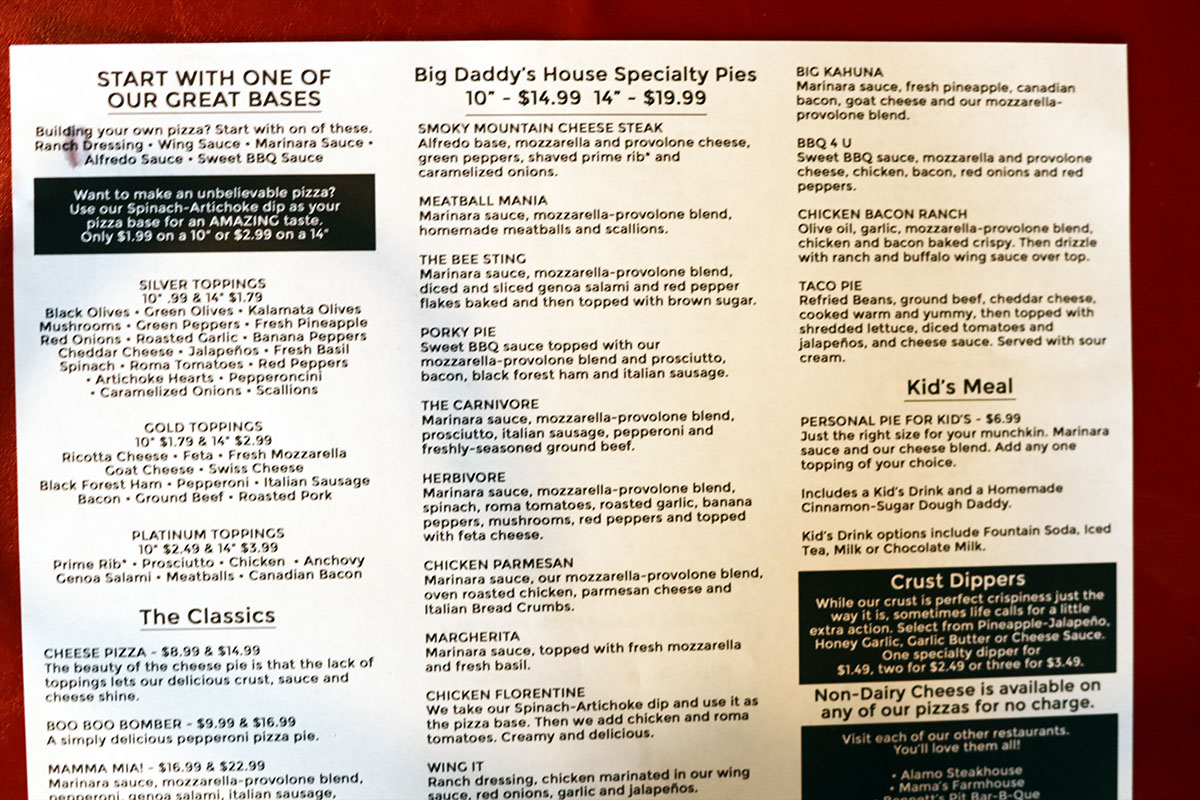 BIG DADDY'S PIZZERIA, Gatlinburg - 714 River Rd - Menu, Prices