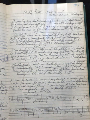 Hand-written lyrics for the song "Muddy Bottom," which was written here at the Inn